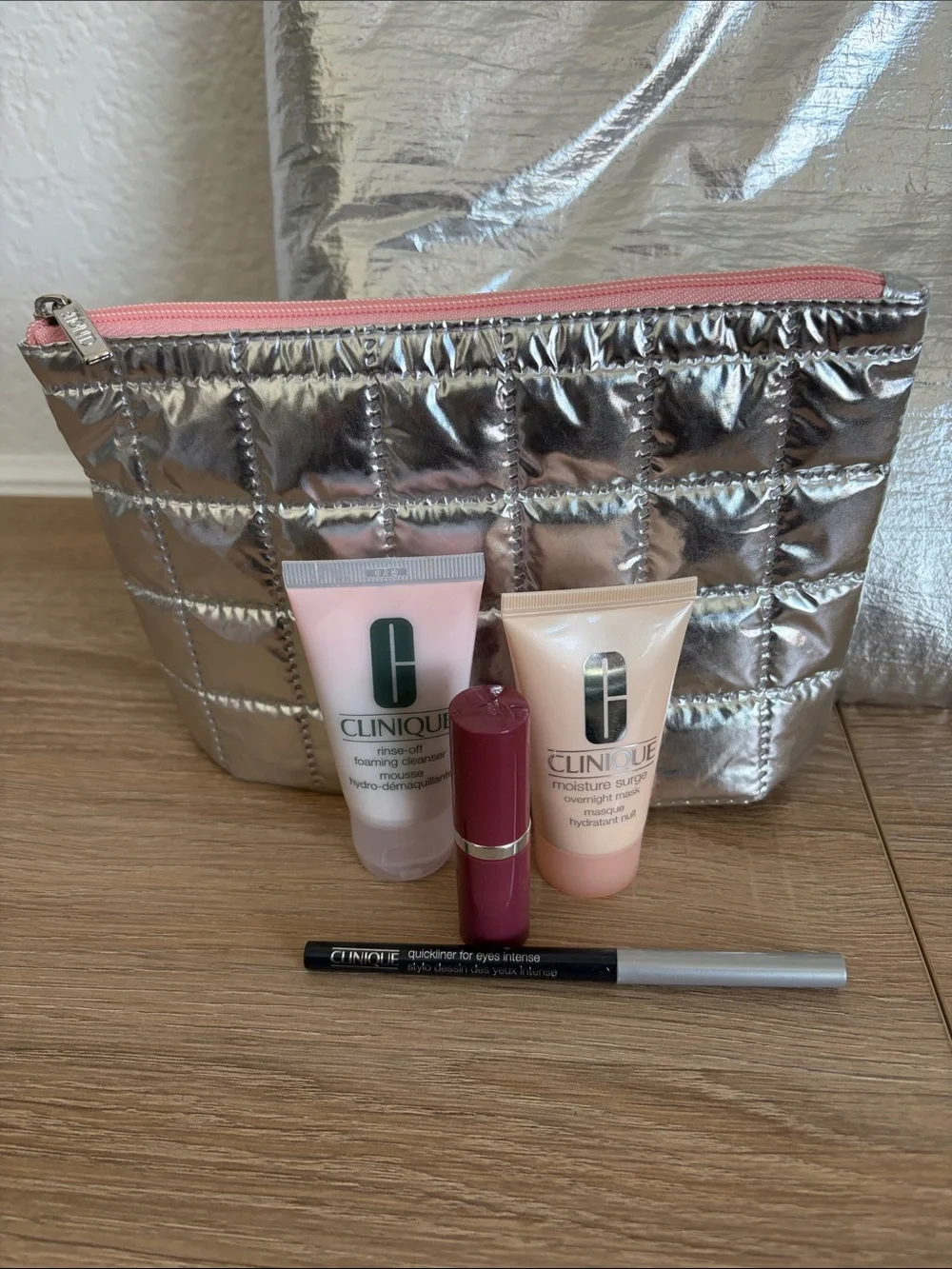 Clinique Silver Padded Tote with Matching Cosmetic Pouch and Never Used Products